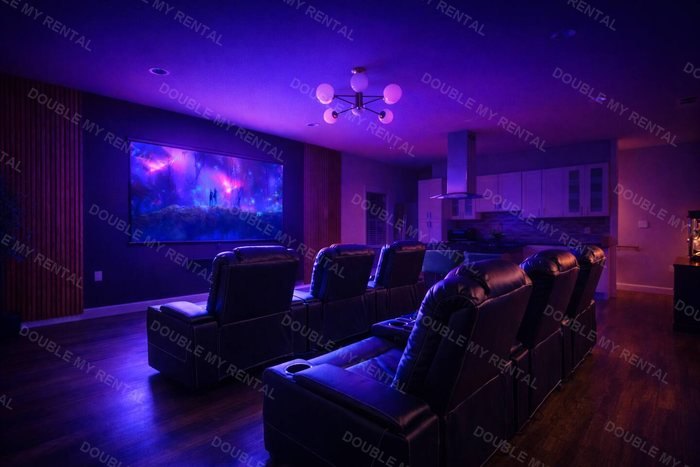 Private theater room with tiered recliner seating and a projection screen